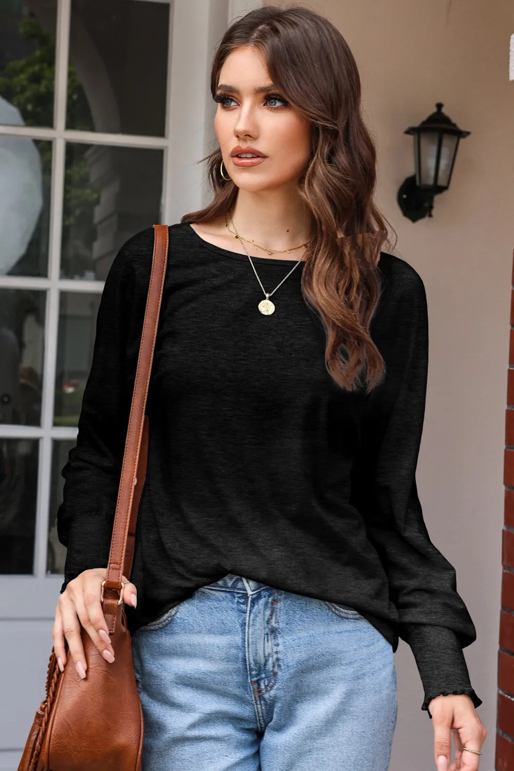 Round Neck Smocked Long Sleeve Blouse