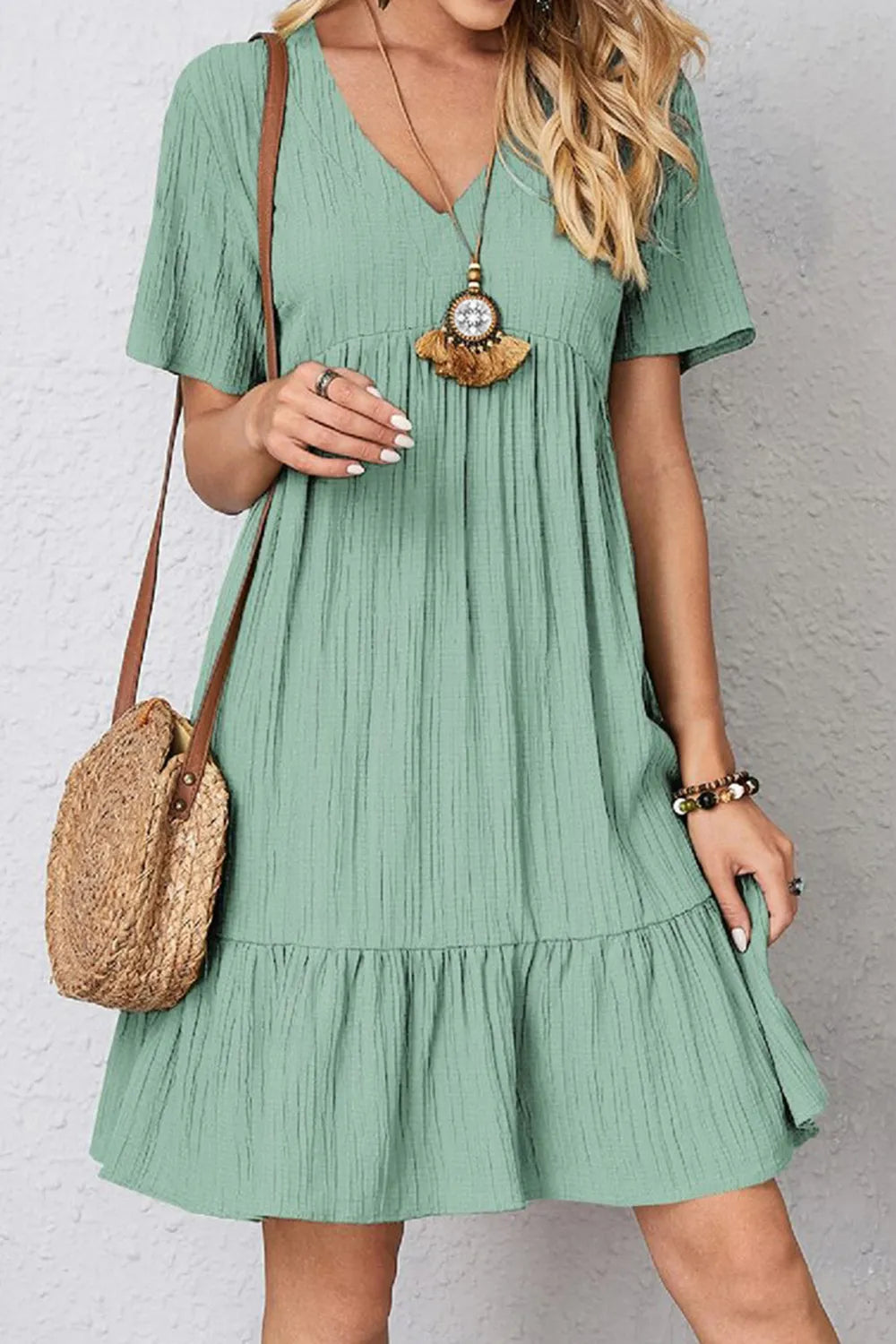 Full Size Ruched V-Neck Short Sleeve Dress