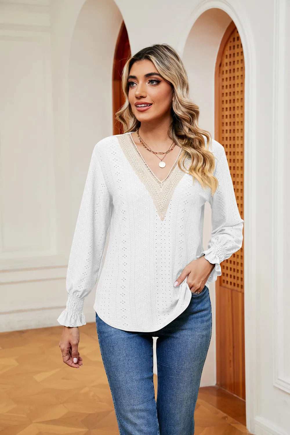 Contrast Flounce Sleeve Blouse