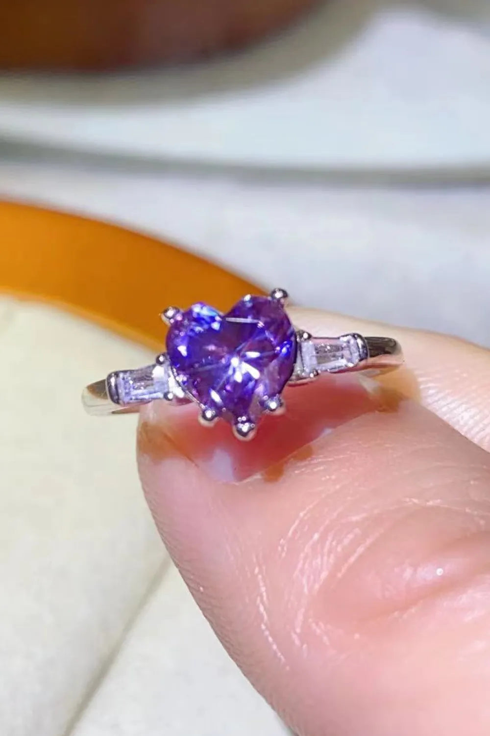 1 Carat Moissanite Heart-Shaped Platinum-Plated Ring in Purple