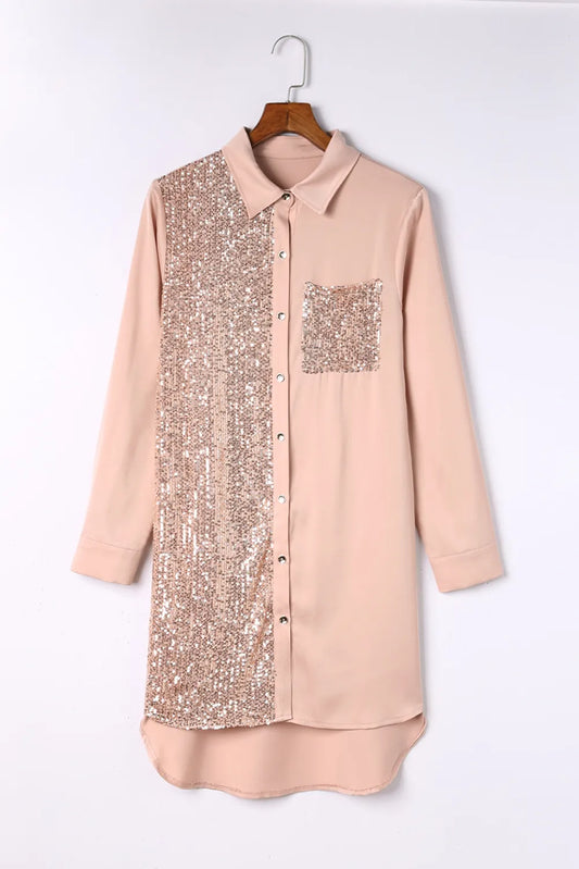 Sequin Button Front High-Low Shirt Dress