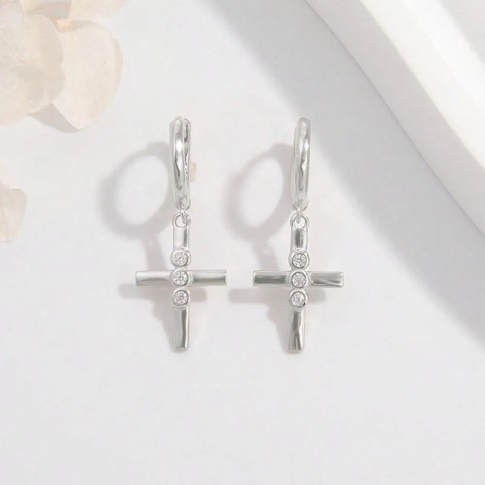 925 Sterling Silver Zircon Cross Earrings