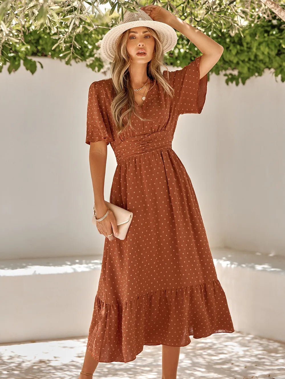 Swiss Dot V-Neck Ruffle Hem Dress