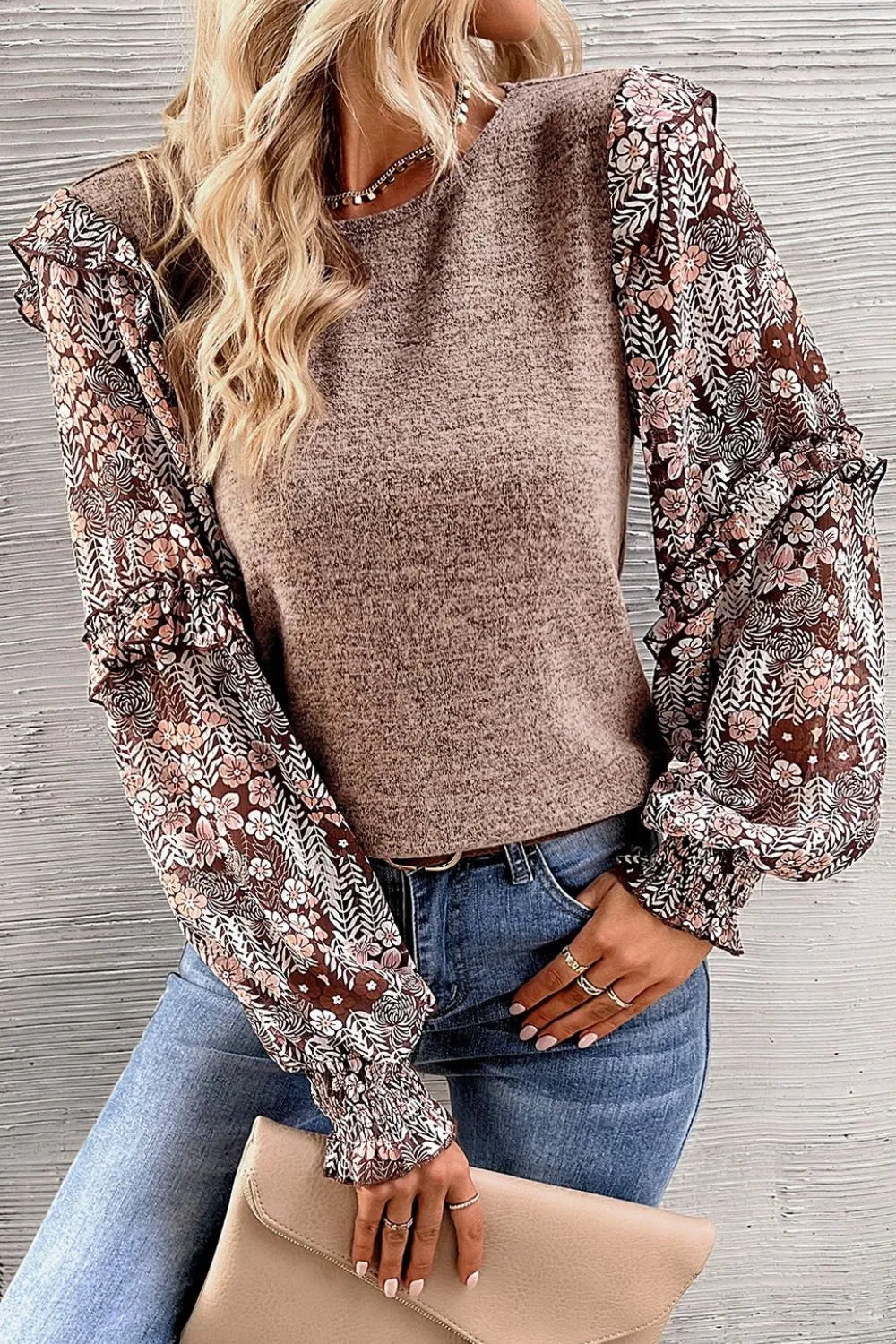 Heathered Floral Frill Lantern Sleeve Blouse