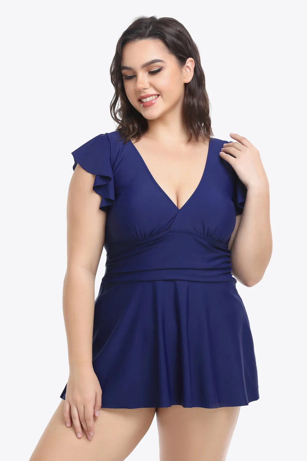 Plus Size Ruffled Plunge Swim Dress and Bottoms Set