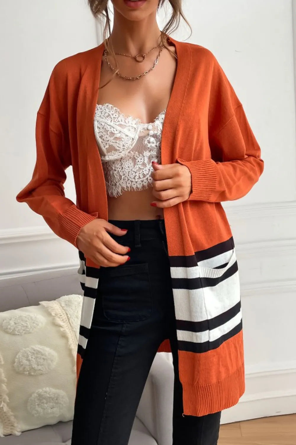 Striped Open Front Sweater Cardigan