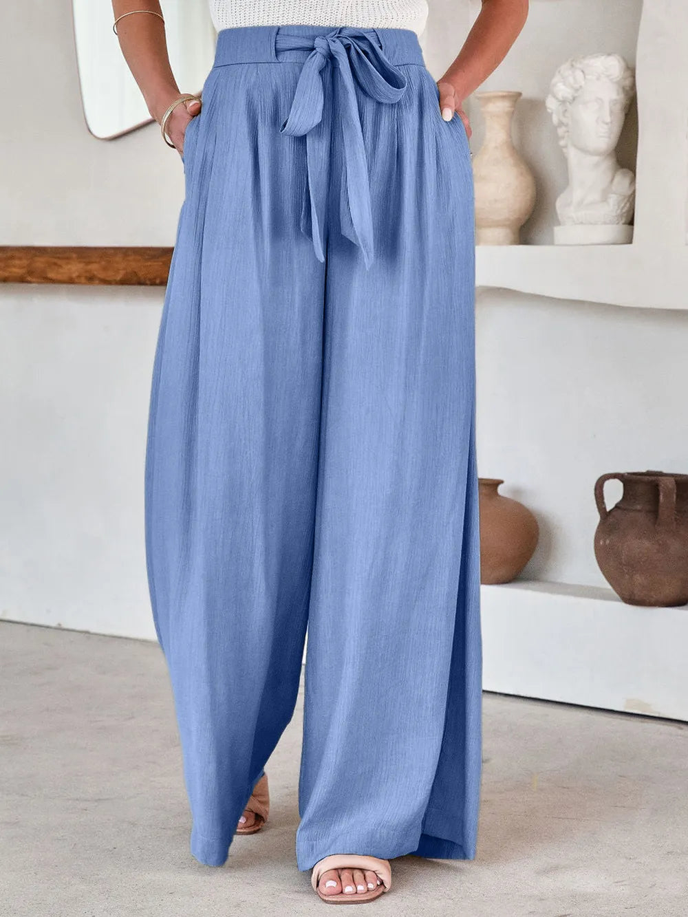 Drawstring Pocketed Wide Leg Pants