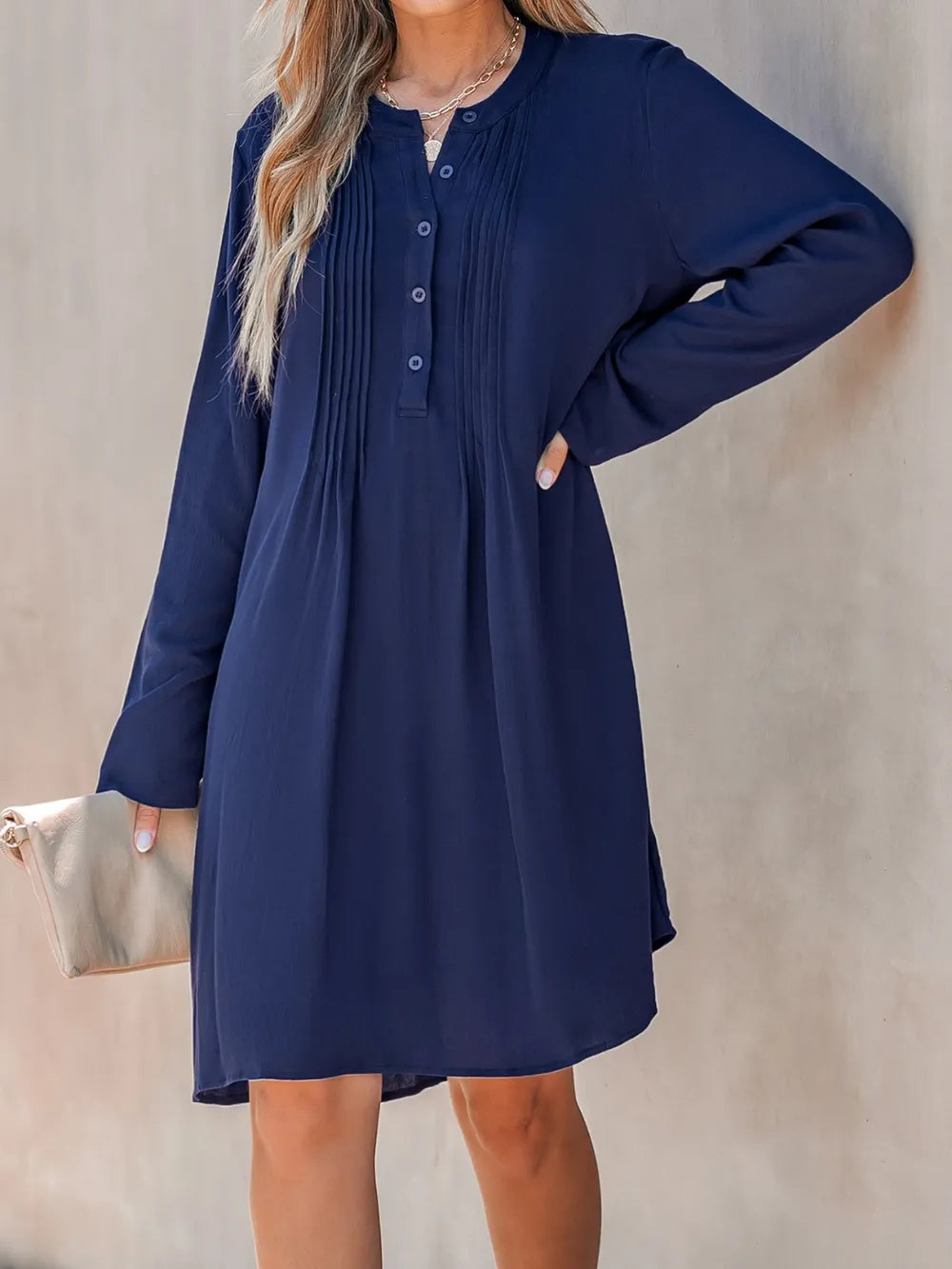 Plus Size Pleated Half Button Round Neck Dress