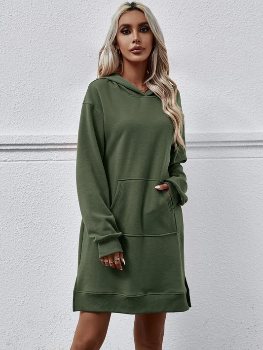 Slit Long Sleeve Hooded Dress with Pocket