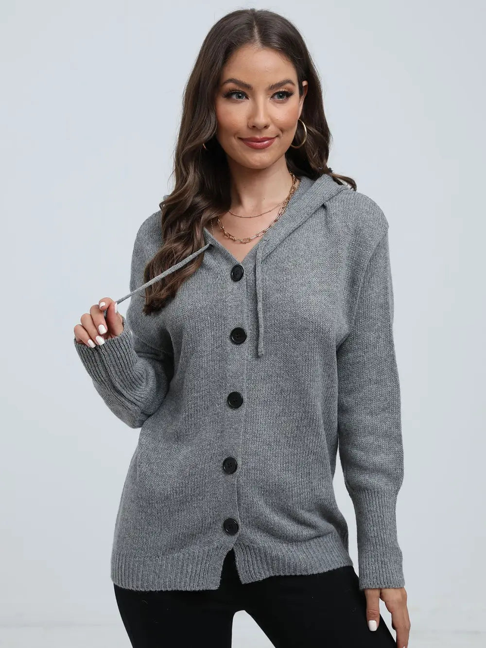 Button Down Drawstring Hooded Cardigan