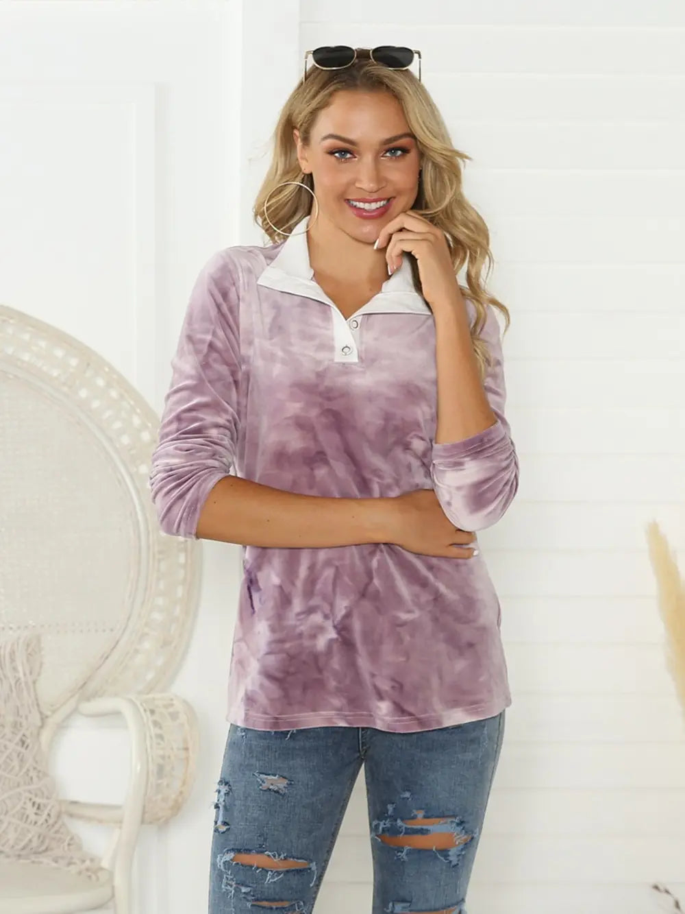 Tie-Dye Half Button Long Sleeve T-Shirt