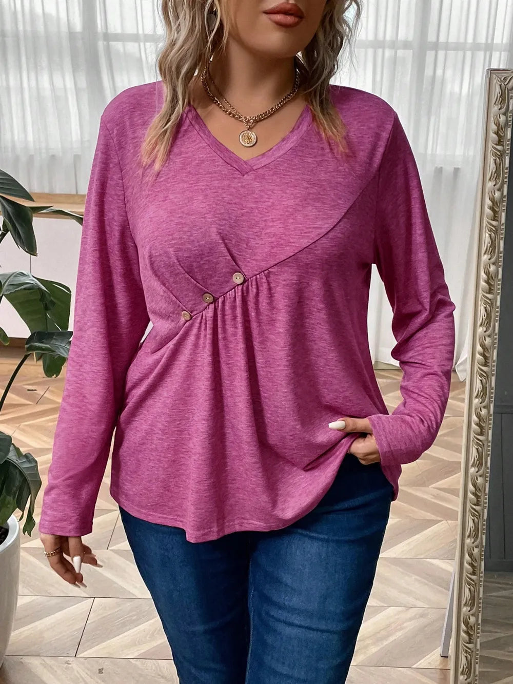 Plus Size Heathered V-Neck Decorative Button T-Shirt