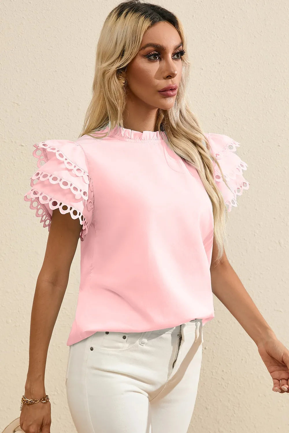 Ruffled Eyelet Round Neck Cap Sleeve Blouse