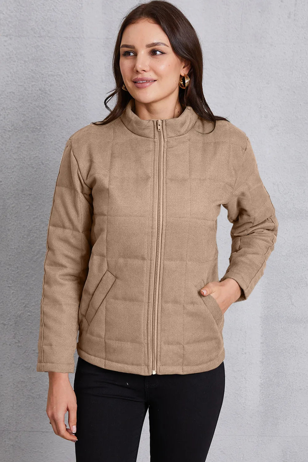 Zip Up Mock Neck Pocketed Jacket