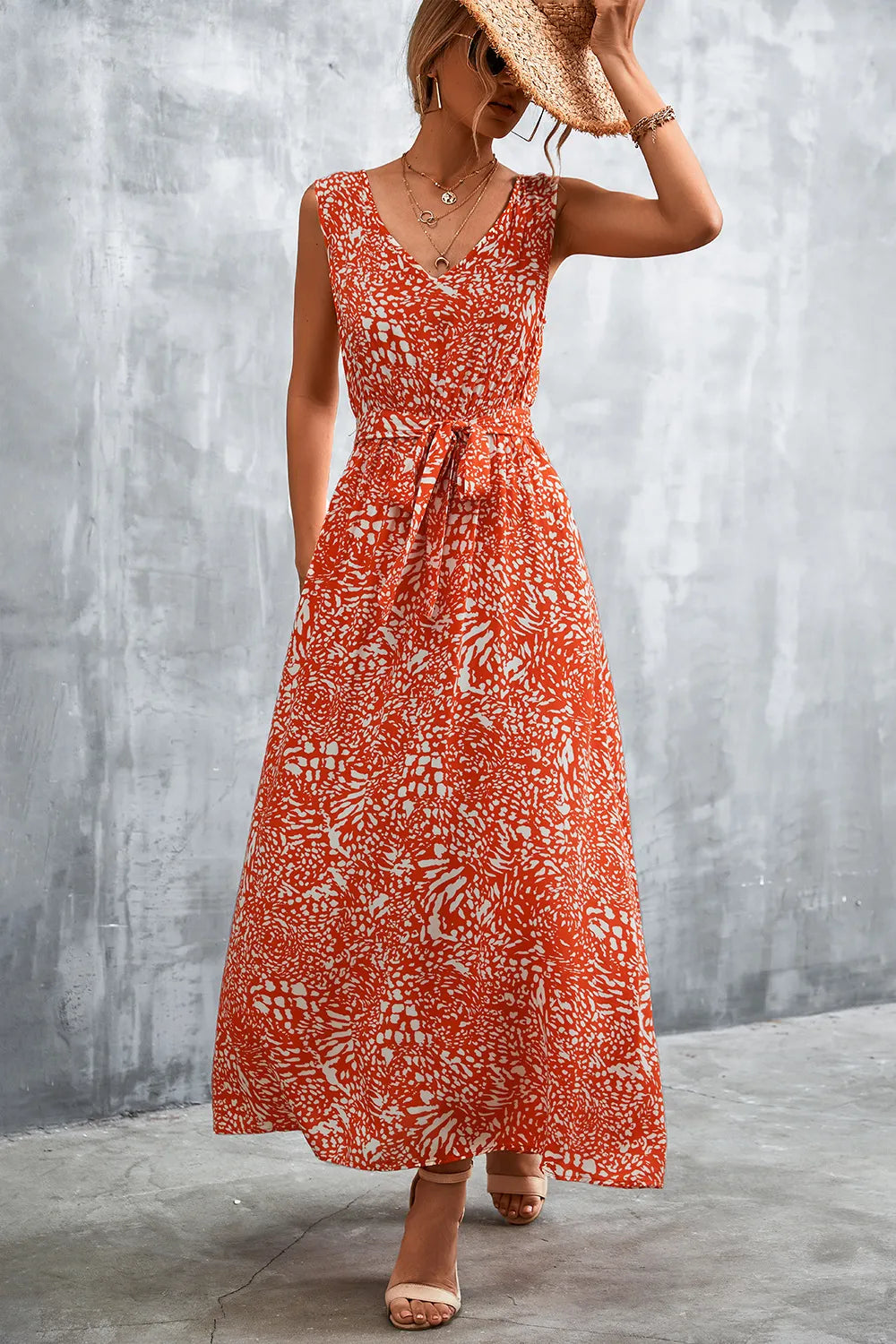 Printed V-Neck Tie Waist Maxi Dress