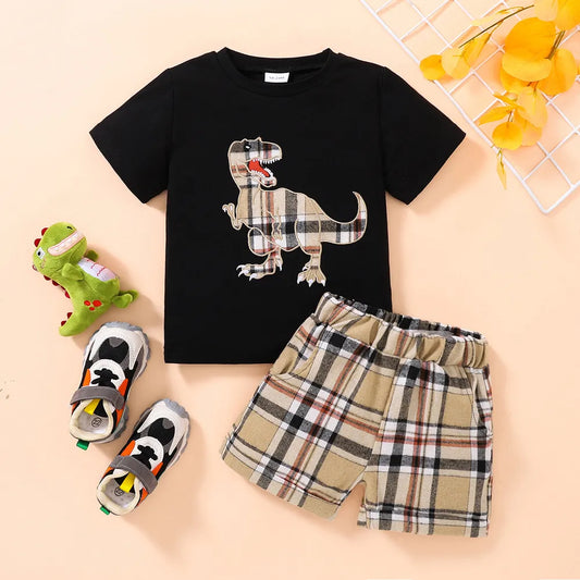 Kids Dinosaur Graphic Tee and Plaid Shorts Set