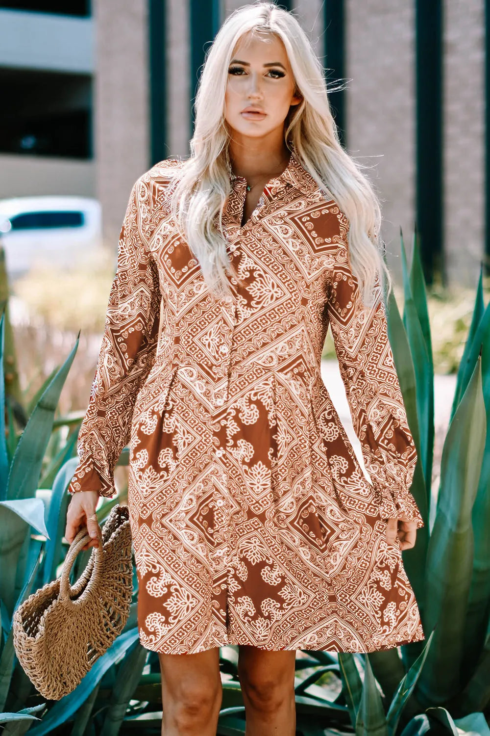 Printed Flounce Sleeve Shirt Dress