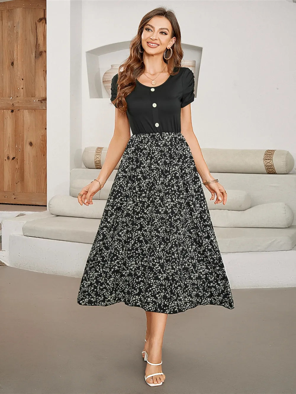 Printed Round Neck Short Sleeve Midi Dress