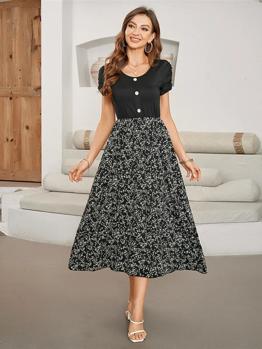 Printed Round Neck Short Sleeve Midi Dress