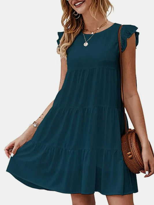 Ruffled Round Neck Cap Sleeve Mini Dress