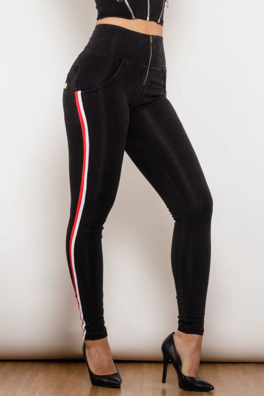 Side Stripe Zip Closure High Waist Jeans