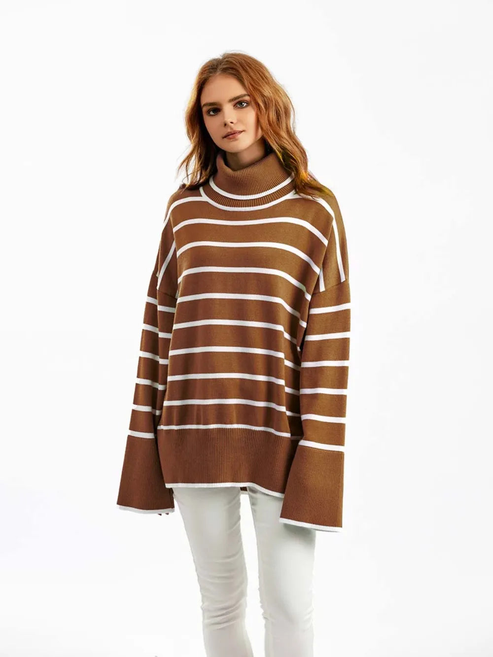 Striped Drop Shoulder Turtleneck Sweater