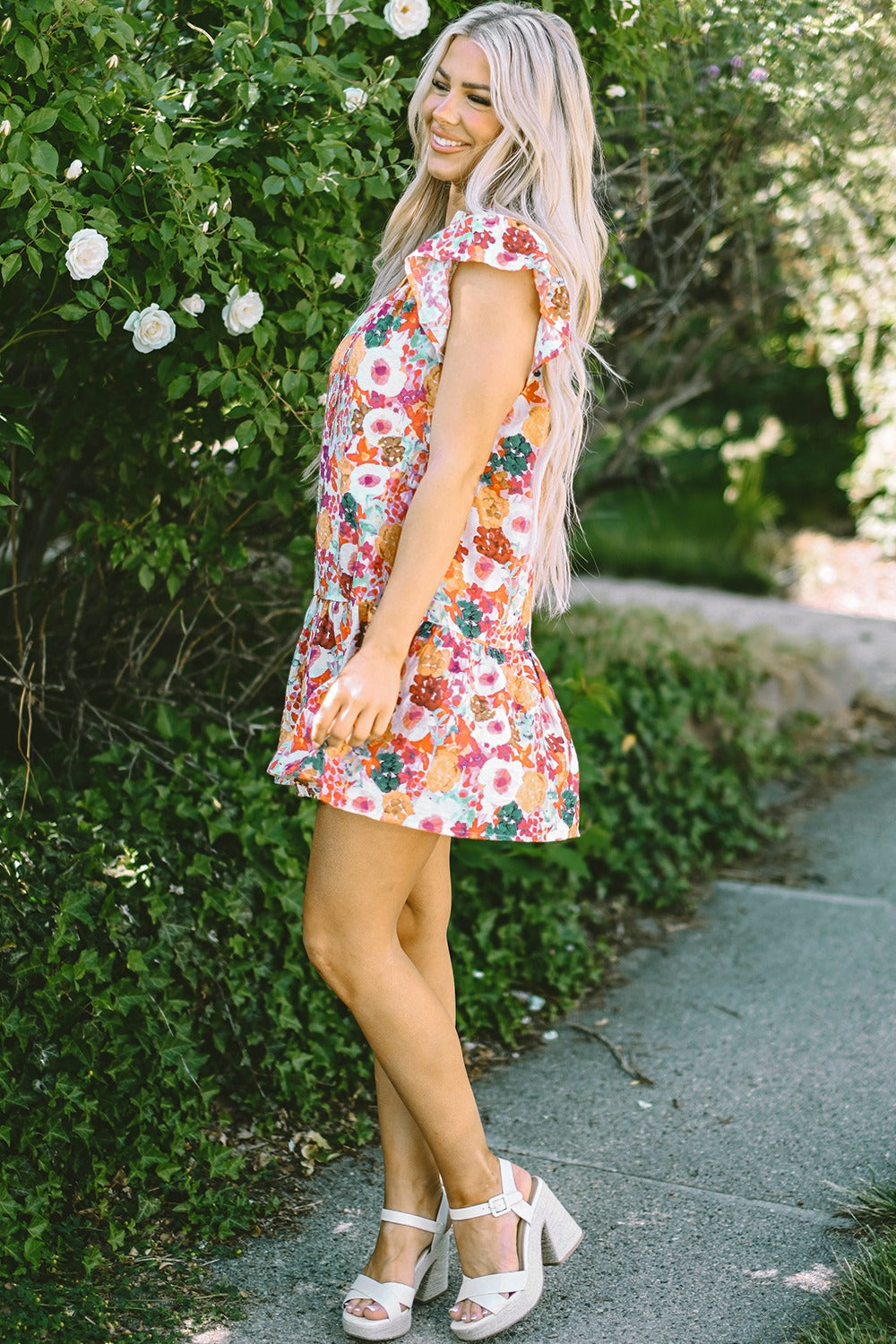 Ruffled Printed Cap Sleeve Mini Dress