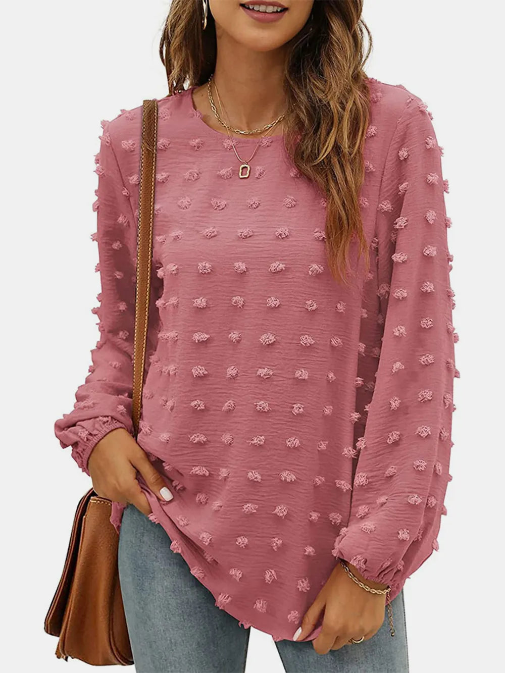 Swiss Dot Round Neck Long Sleeve Blouse