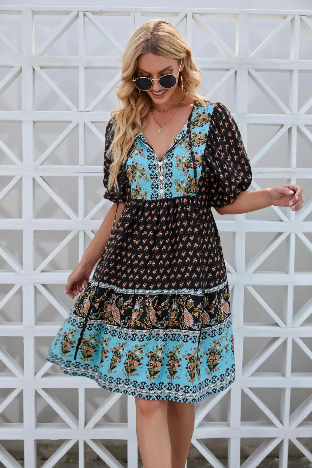 Printed Tie Neck Half Sleeve Dress