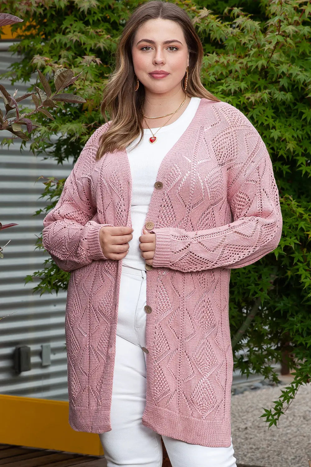 Plus Size Openwork V-Neck Long Sleeve Buttoned Cardigan