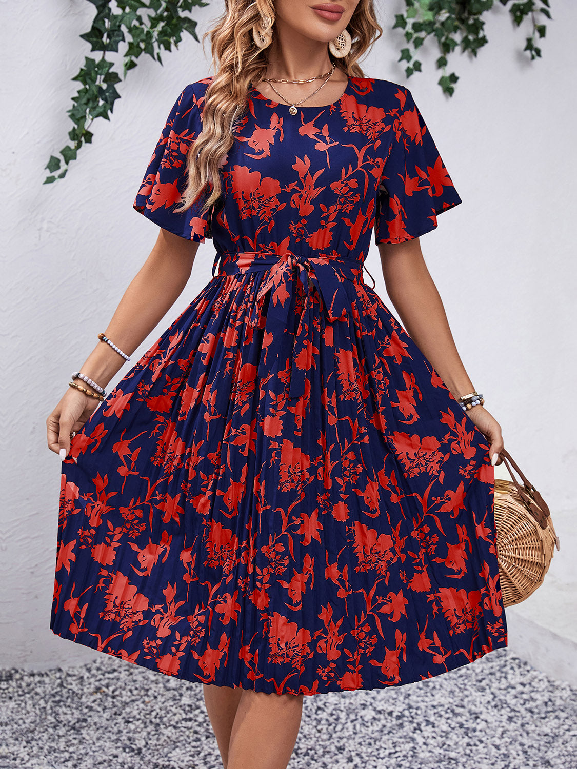 Printed Round Neck Short Sleeve Dress