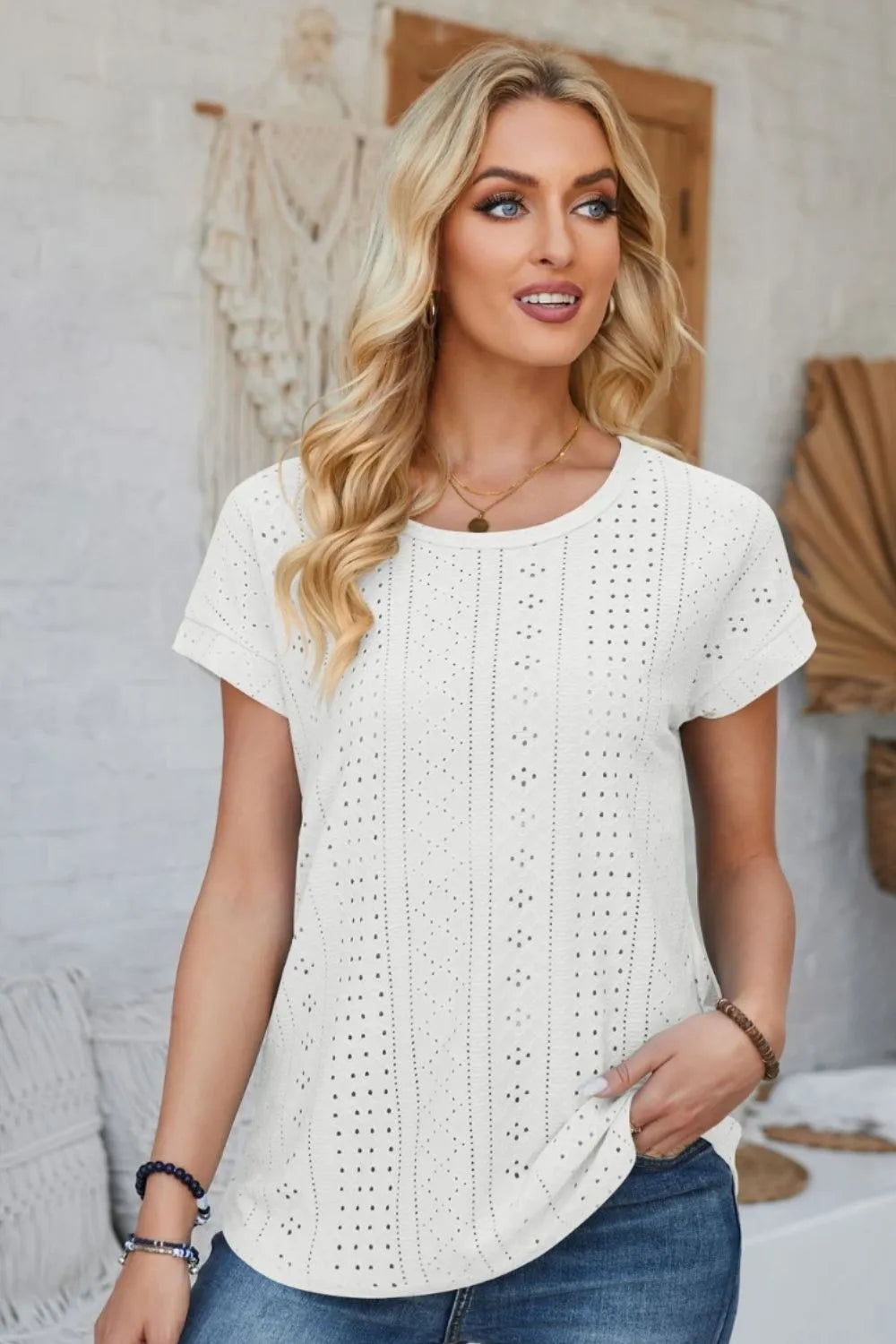 Eyelet Round Neck Rolled Short Sleeve T-Shirt