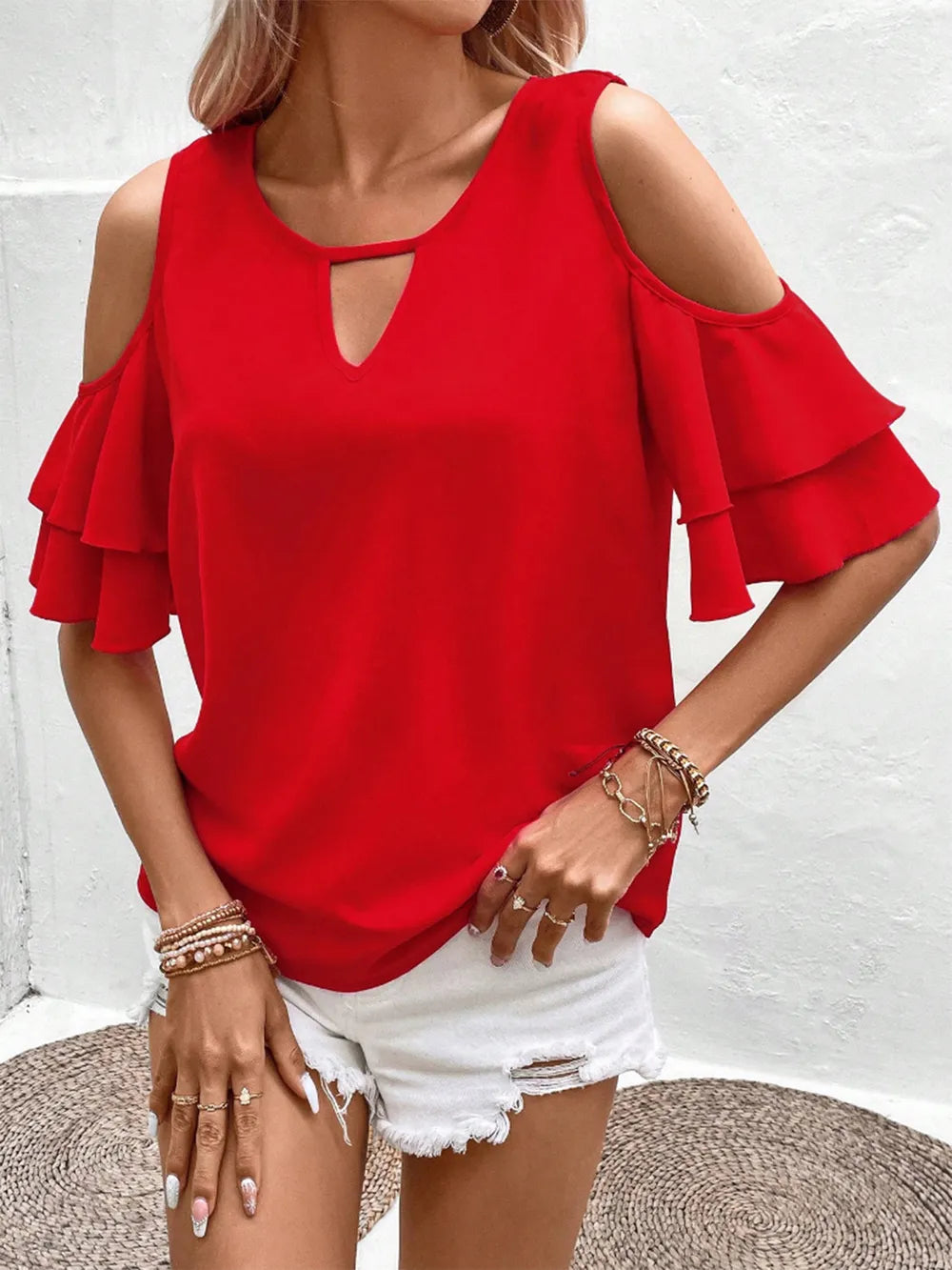 Cold Shoulder Flounce Sleeve Blouse