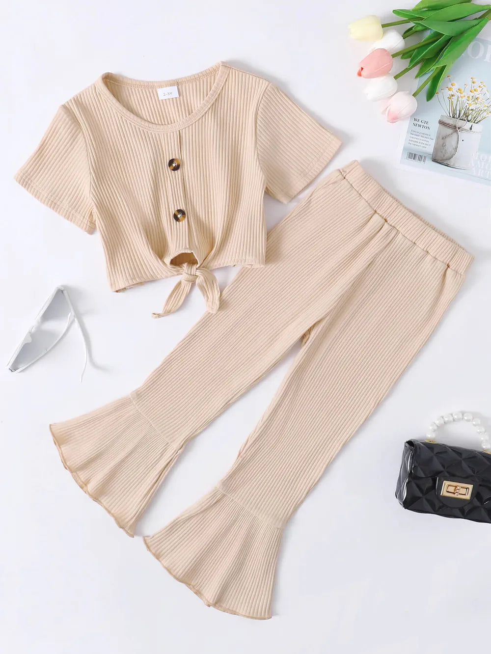 Girls Ribbed Buttoned Top and Flare Pants Set