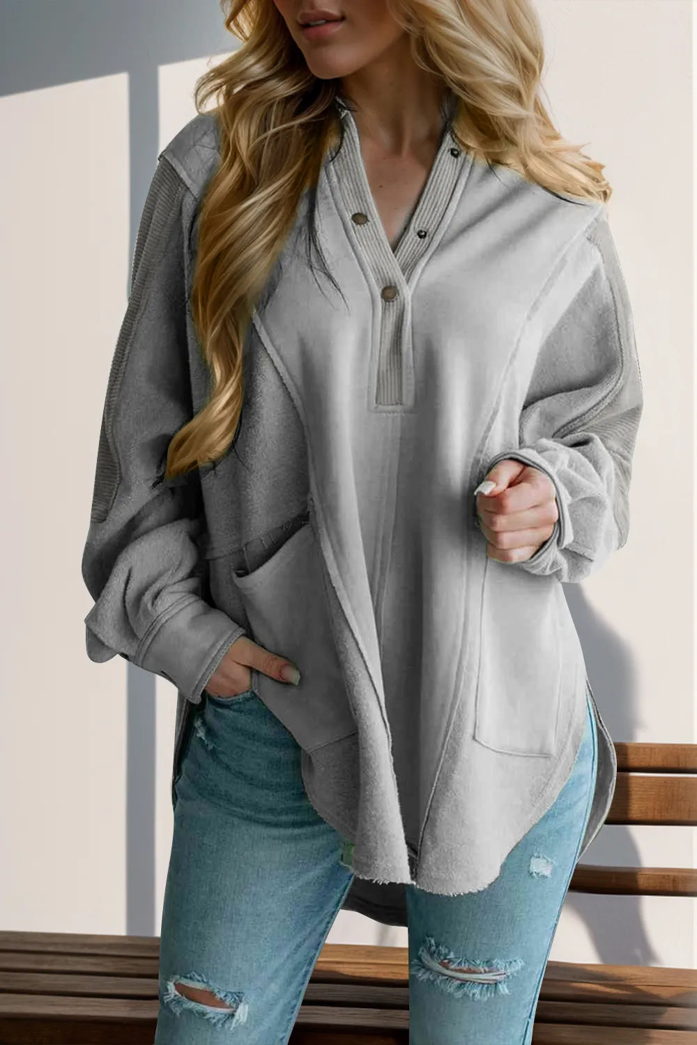 Double Take Full Size Half Snap Long Sleeve High-Low Hooded Top