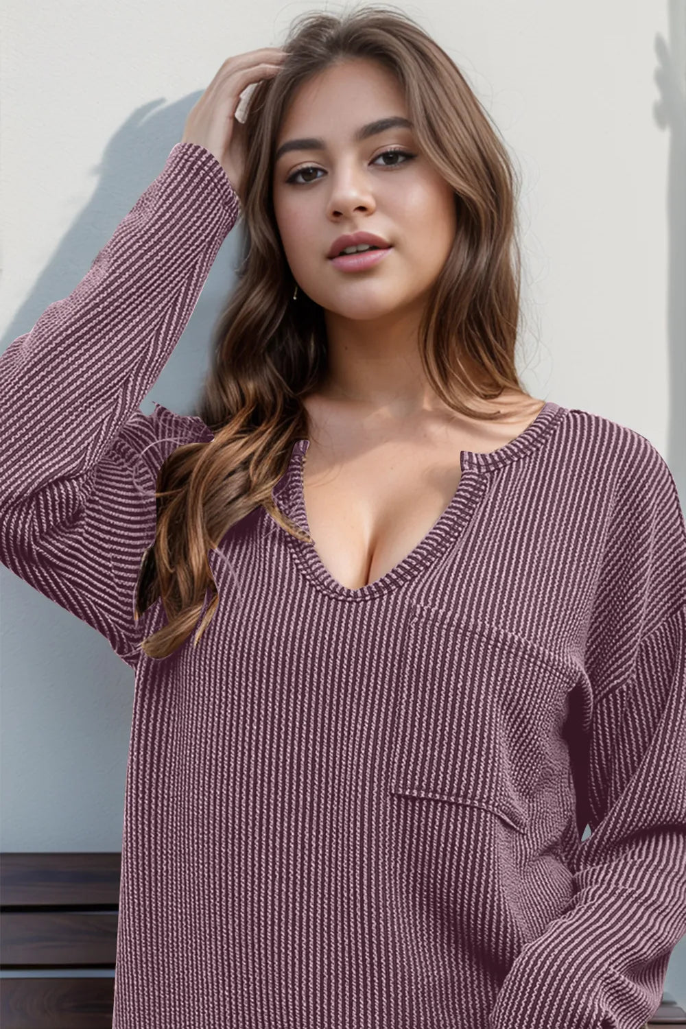 Double Take Full Size Striped Notched Long Sleeve T-Shirt