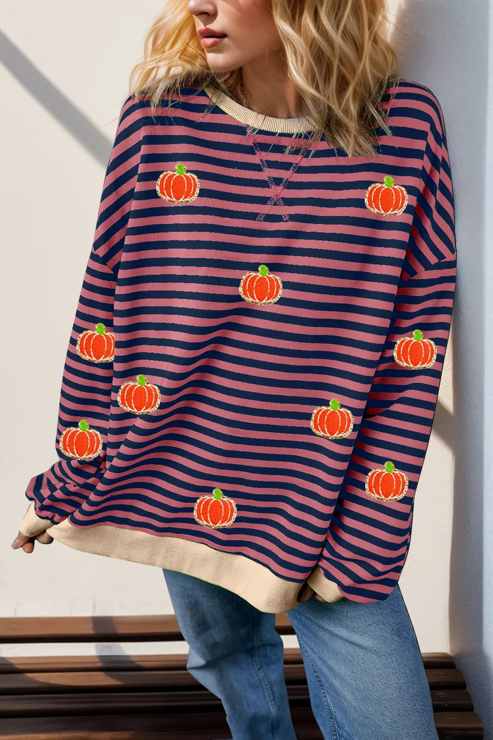 Double Take Full Size Pumpkin Pattern Striped T-Shirt