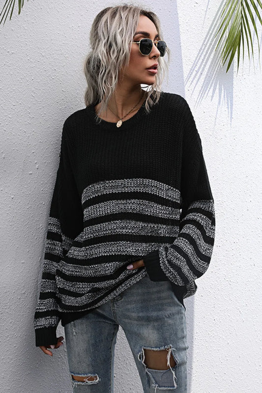 Striped Drop Shoulder Chunky Knit Sweater