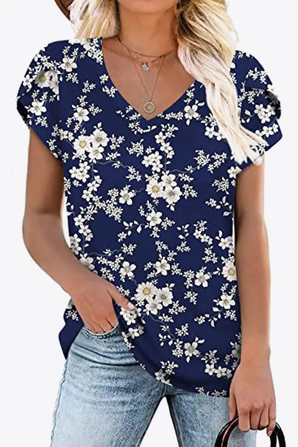 Printed Petal Sleeve V-Neck Blouse