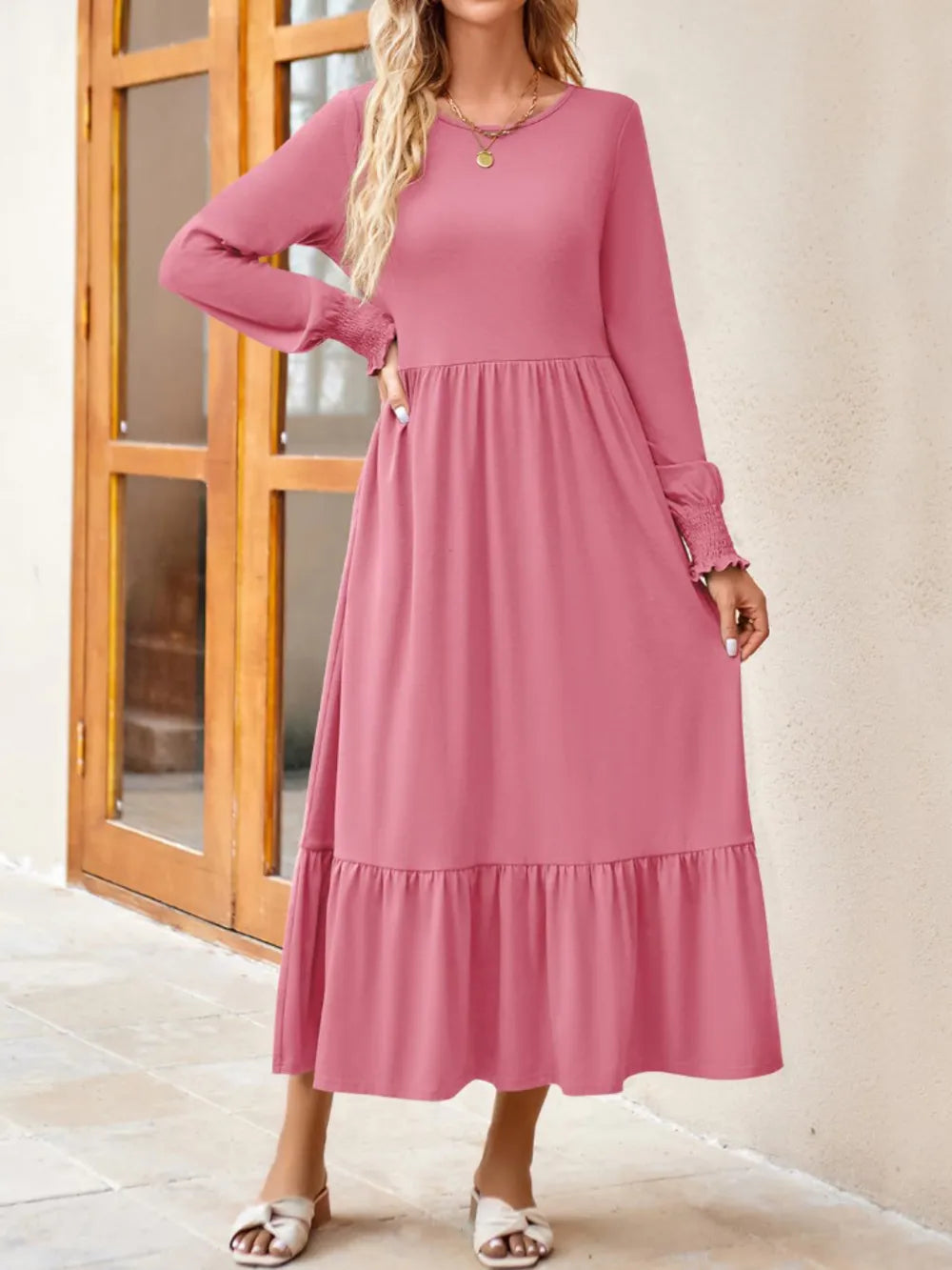 Round Neck Lantern Sleeve Ruffle Hem Dress