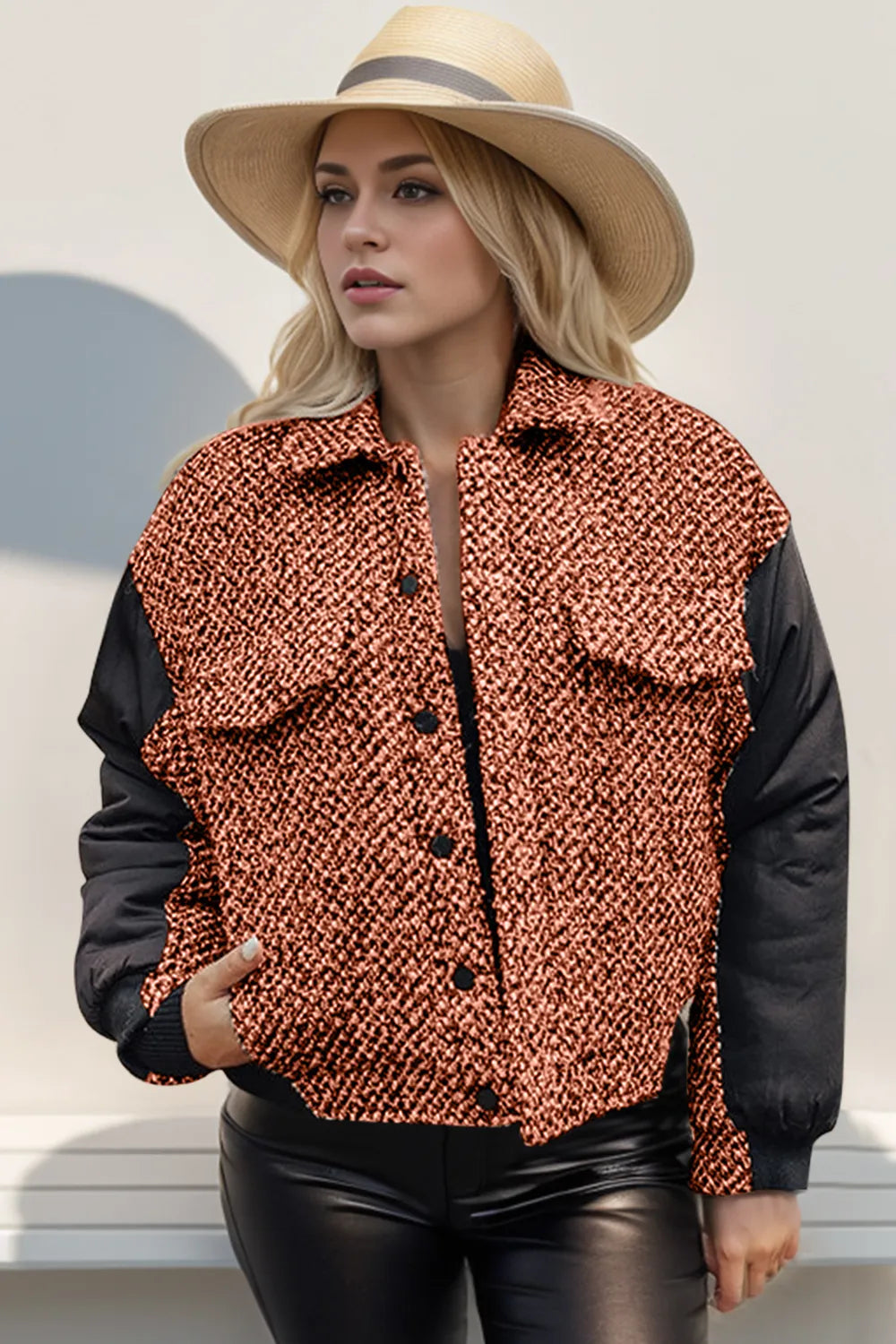 Double Take Full Size Button Up Contrast Tweed Jacket