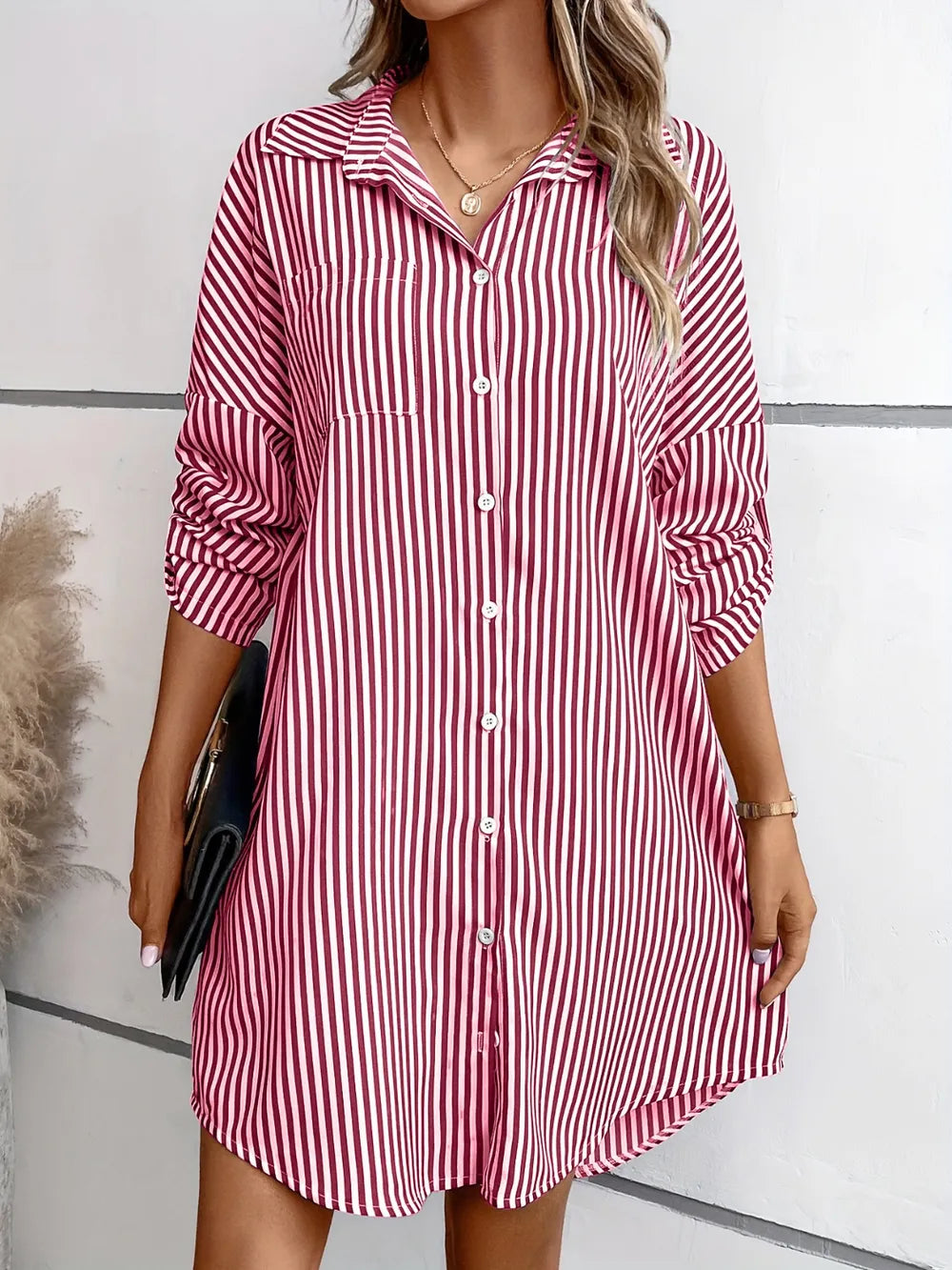 Striped Button Up Long Sleeve Mini Shirt Dress