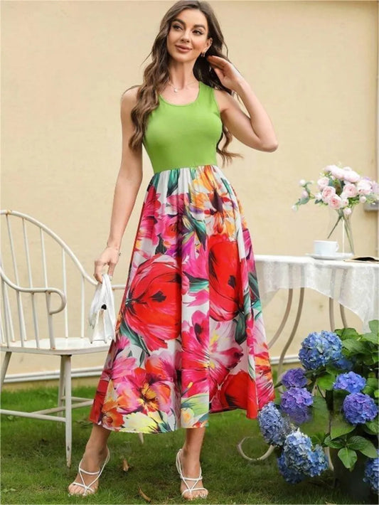 Printed Round Neck Sleeveless Dress