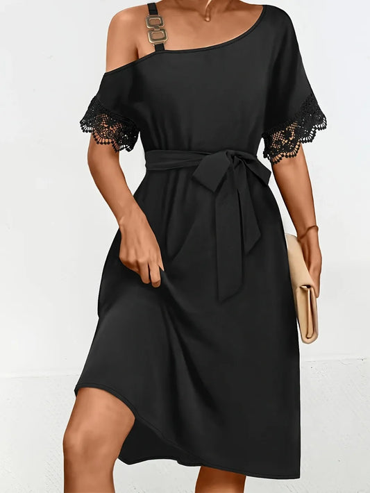 Lace Detail Asymmetrical Neck Short Sleeve Dress