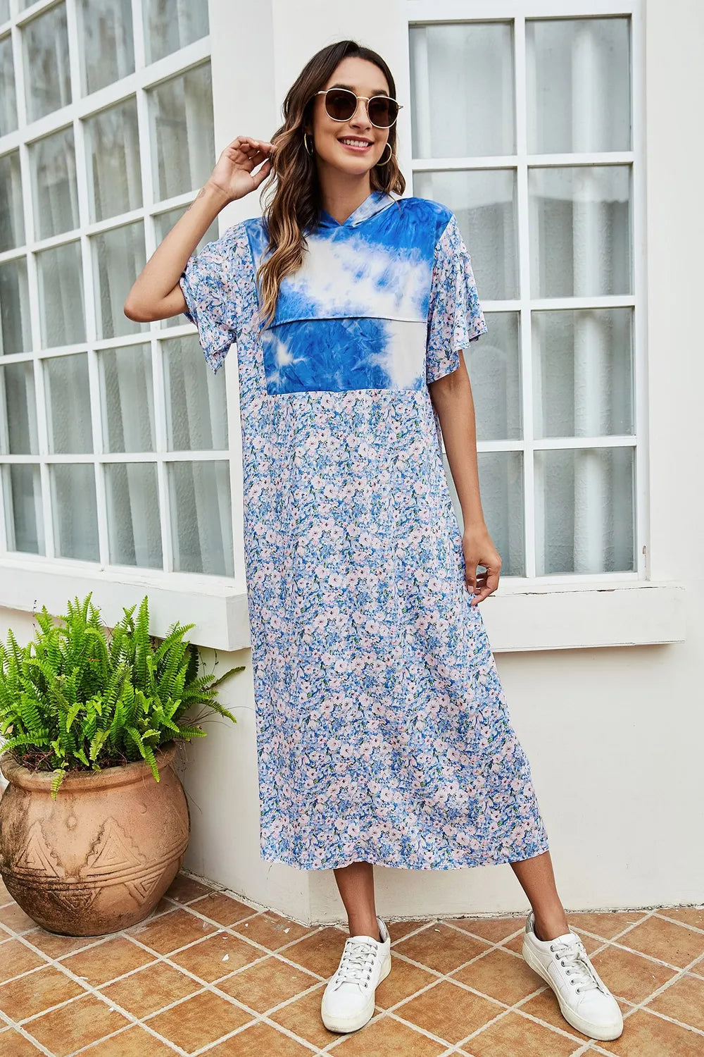 Tie-Dye Floral Flutter Sleeve Hooded Dress