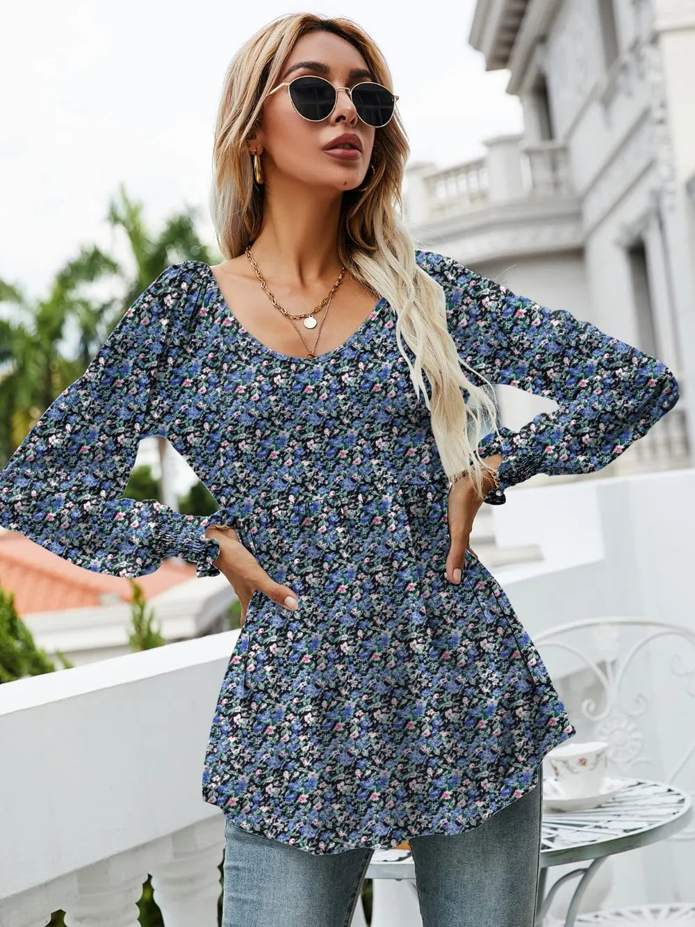 Printed Scoop Neck Lantern Sleeve Blouse