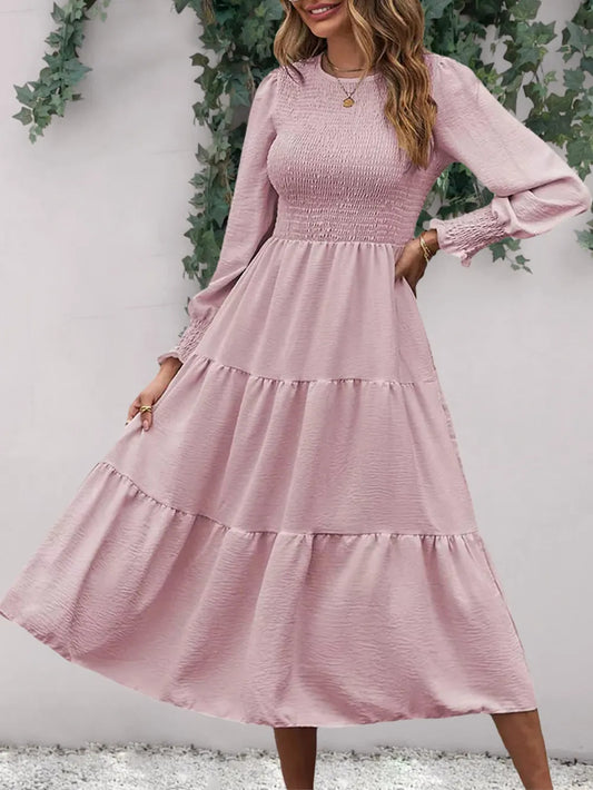 Smocked Round Neck Long Sleeve Midi Dress