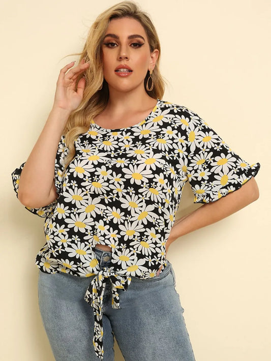 Plus Size Floral Round Neck Tie Hem Blouse