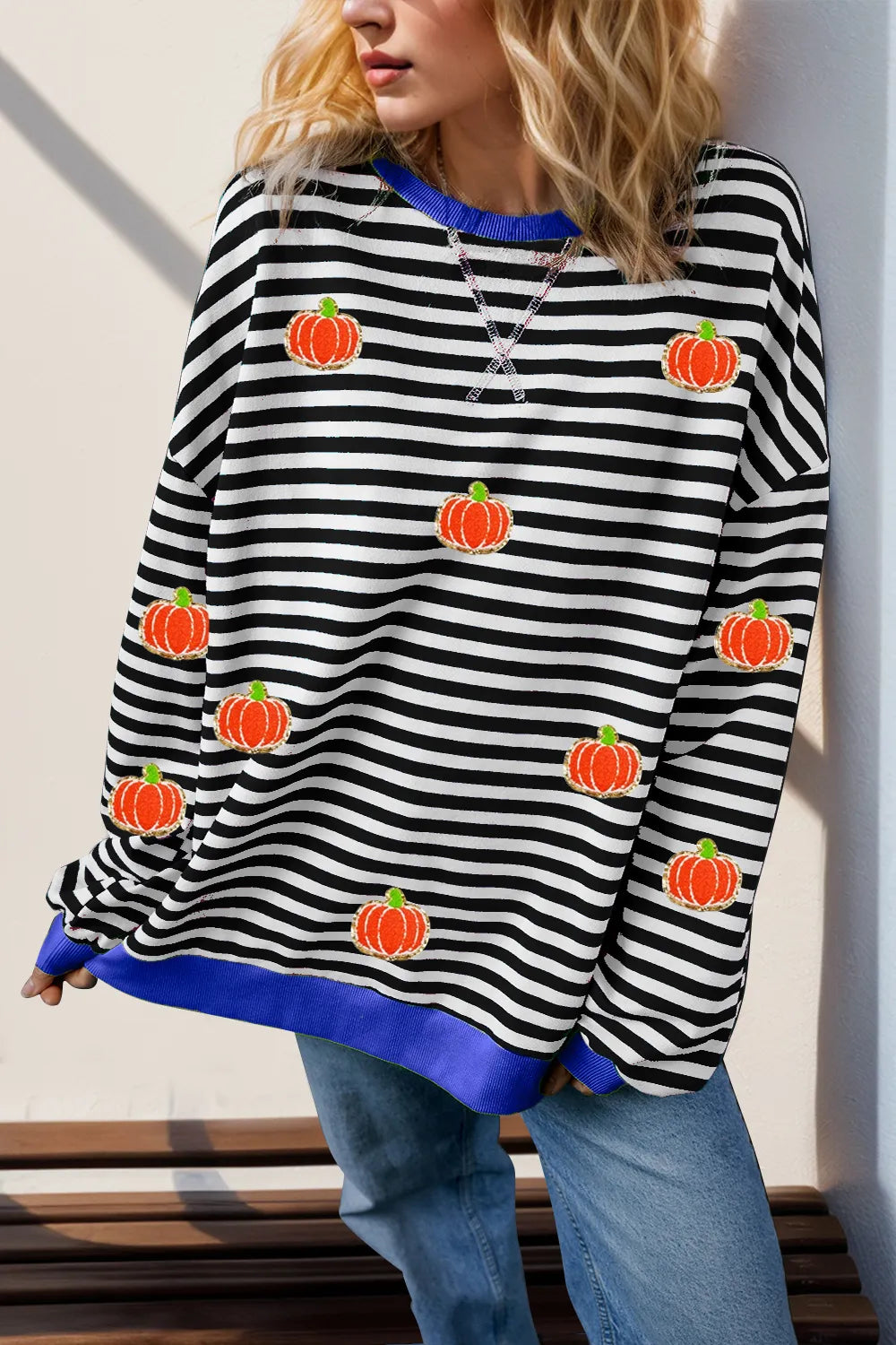 Double Take Full Size Pumpkin Pattern Striped T-Shirt