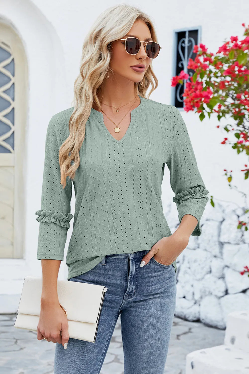 Eyelet Frill Notched T-Shirt